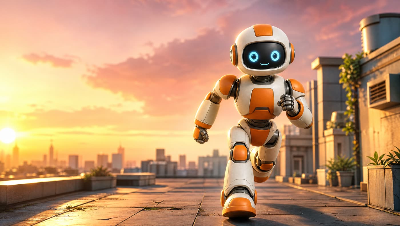 Wide store capsule art: the robot running toward the viewer across a sunlit rooftop at dusk with a city skyline behind